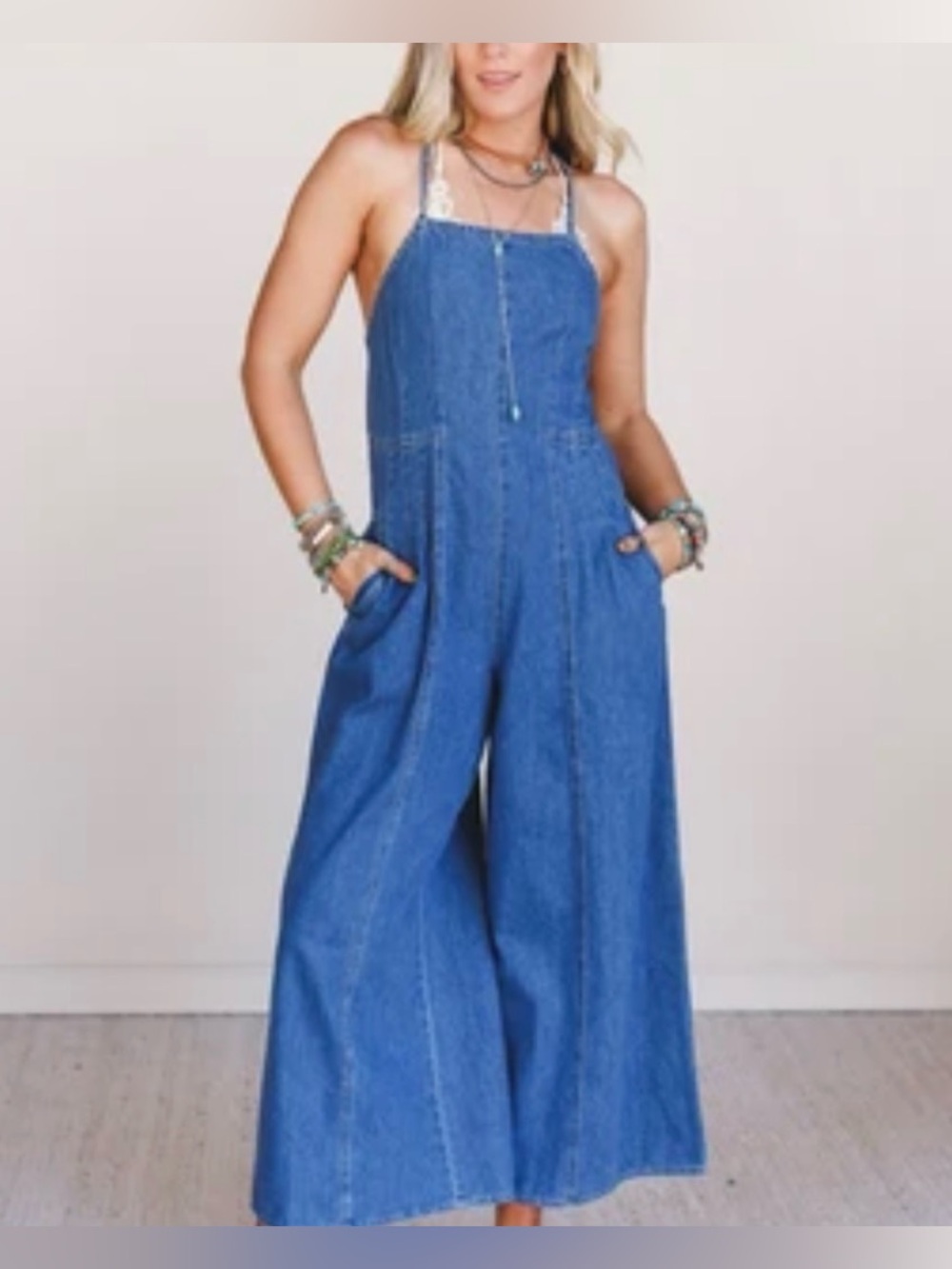 Peach Love California Soft Denim Wide-Leg Jumpsuit Playsuit Overalls L NWOT